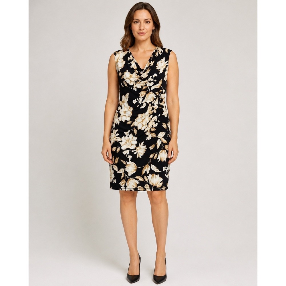 Anne Klein Floral Sheath Dress Size 10 Black Gold Cowl Neck Sleeveless